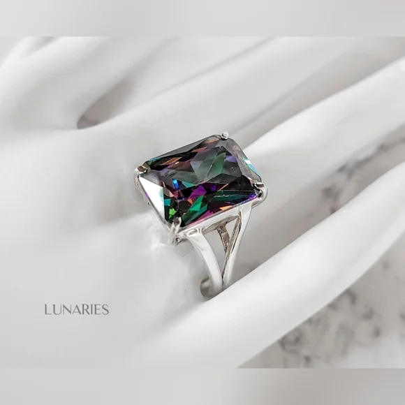 Rainbow Mystic Topaz Ring, 925 Sterling Silver, Emerald-Cut Size 9 - Picture 7 of 10